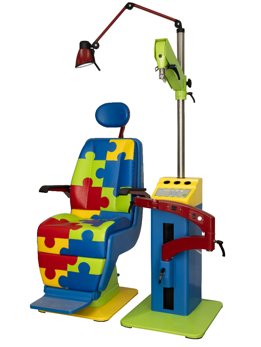 Angled left view of the custom Autism Awareness chair and stand with puzzle-inspired upholstery