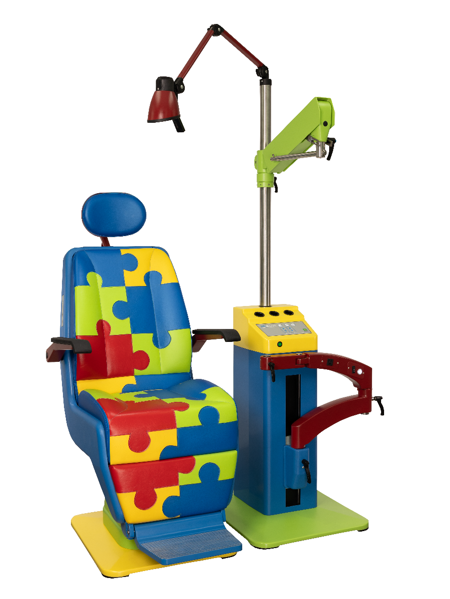 Angled right view of the custom Autism Awareness ophthalmic chair and stand