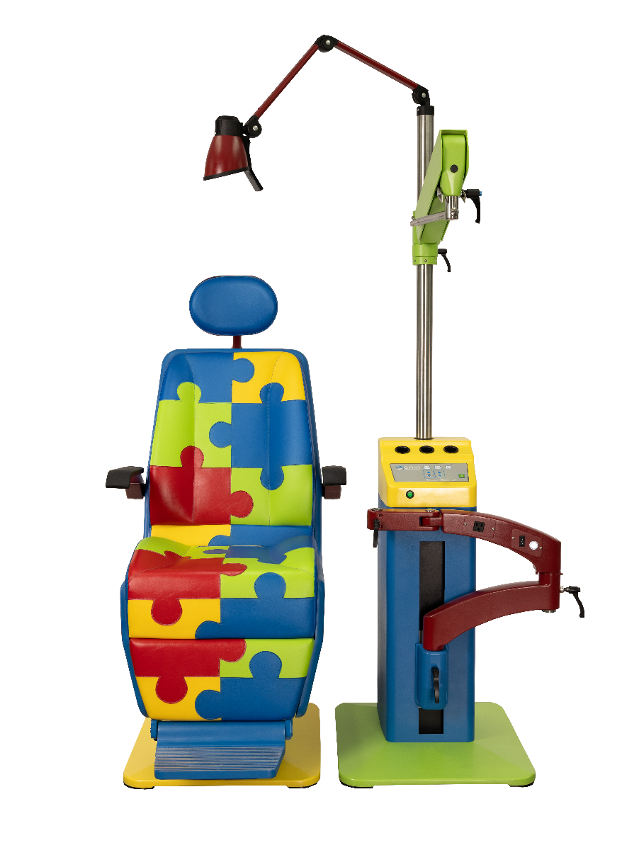 Front angle view of the custom Autism Awareness exam chair and instrument stand
